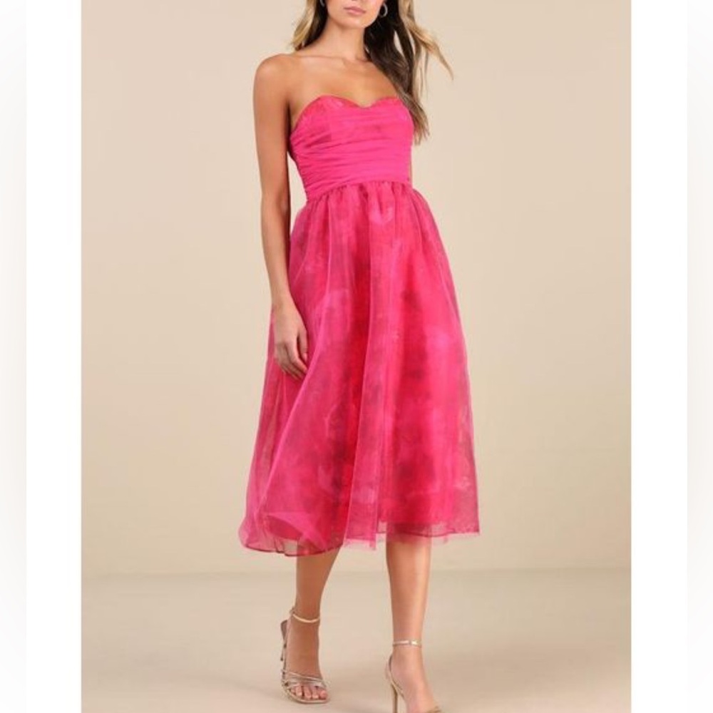 Lulus Hot Pink Strapless Midi Dress NWT | Ruched Tulle Party Dress - Picture 2 of 8